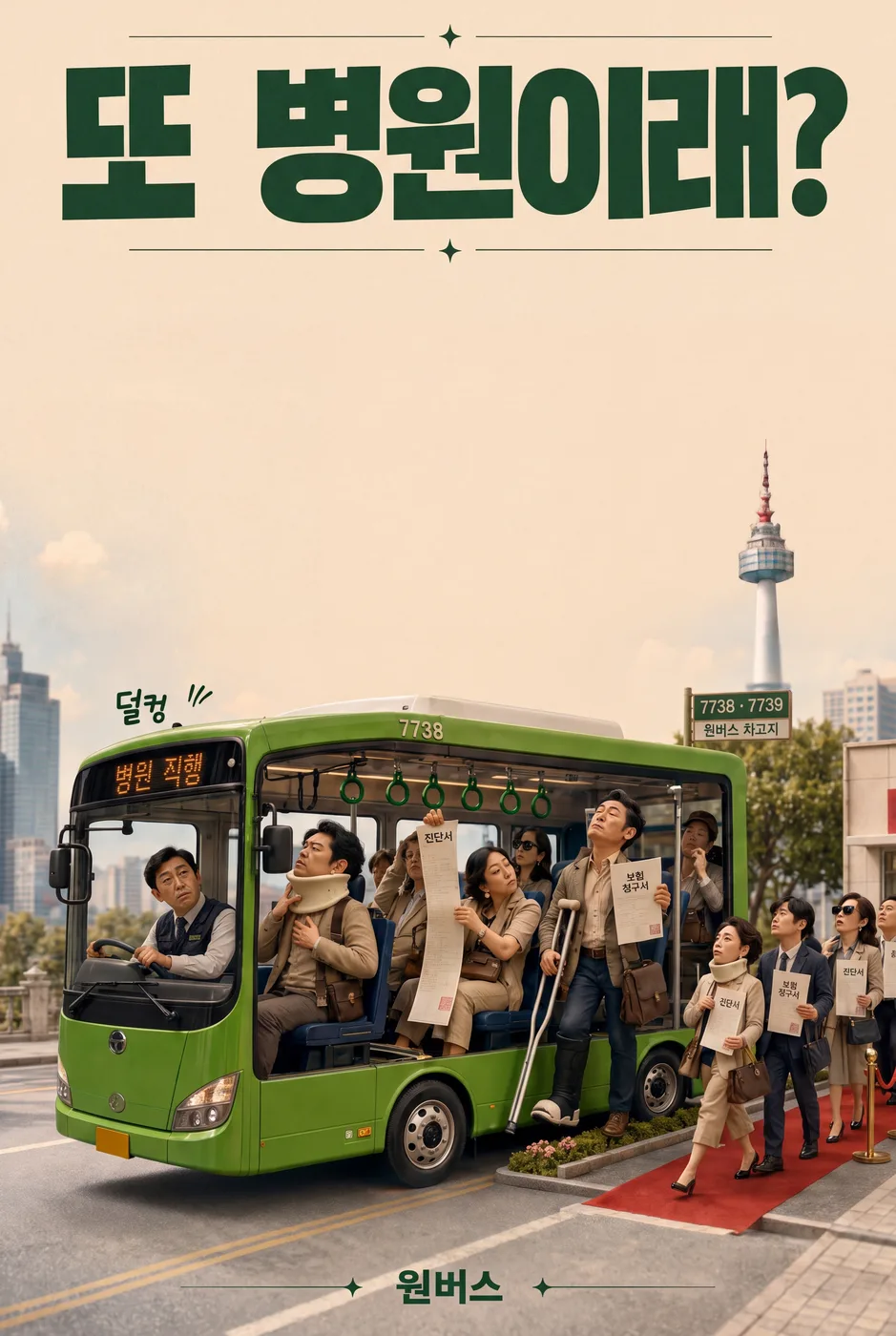 Affiche verticale du clip, le bus vert et ses passagers en minerve devant l'hôpital
